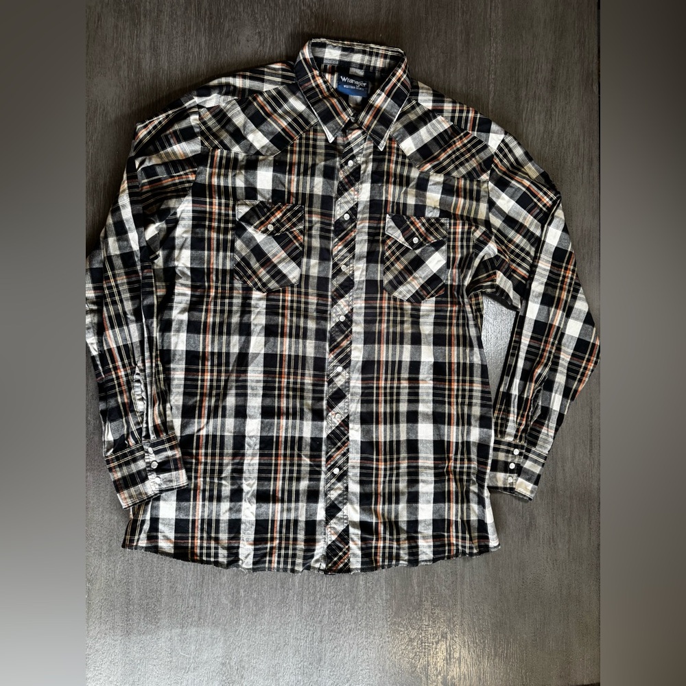Wrangler Black Tan Brown Plaid Pearl Button Snap Shirt 2XT